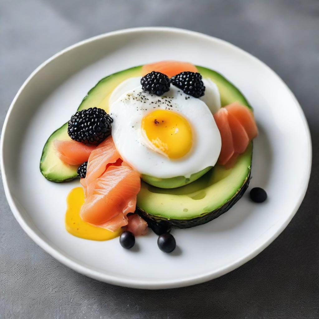 Two poached eggs nestled on a bed of ripe, sliced avocado, accompanied by smoked salmon and topped with luxurious caviar. The dish is presented on a white porcelain plate.