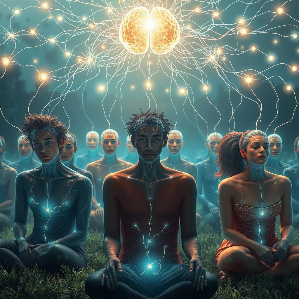A surreal scene depicting multiple people connected by glowing neural pathways, symbolizing a brain-to-brain connection