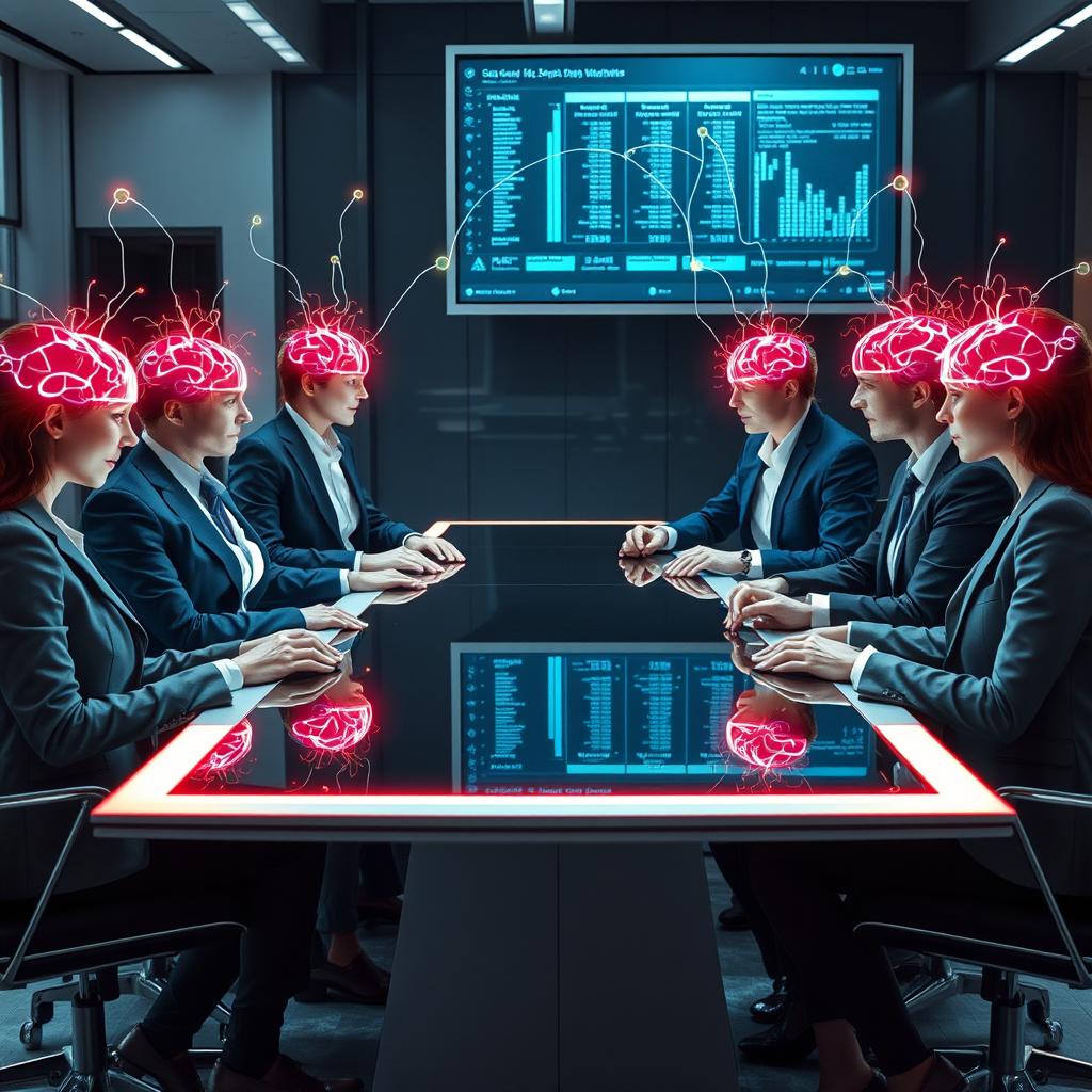 A futuristic scene of professional adults seated around a sleek conference table, their brains visibly interconnected with glowing neural links, showcasing vibrant energy flowing between them