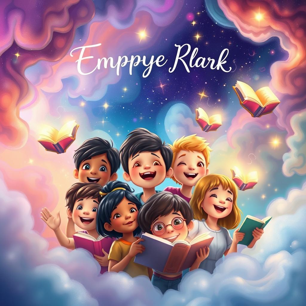 An enchanting book cover featuring a group of diverse children in the center, expressing wonder and excitement