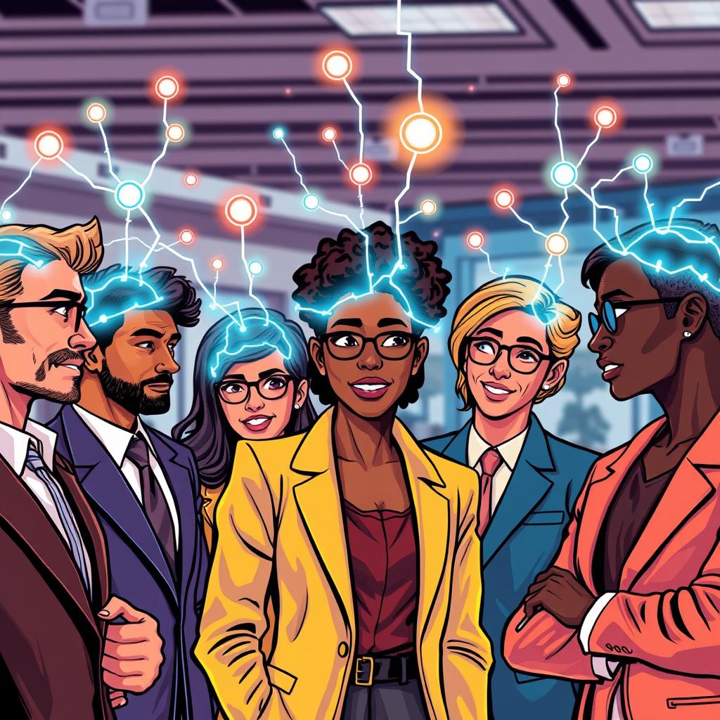 A group of diverse professionals connecting their brains to each other with glowing neural links, wearing sharp and stylish professional attire