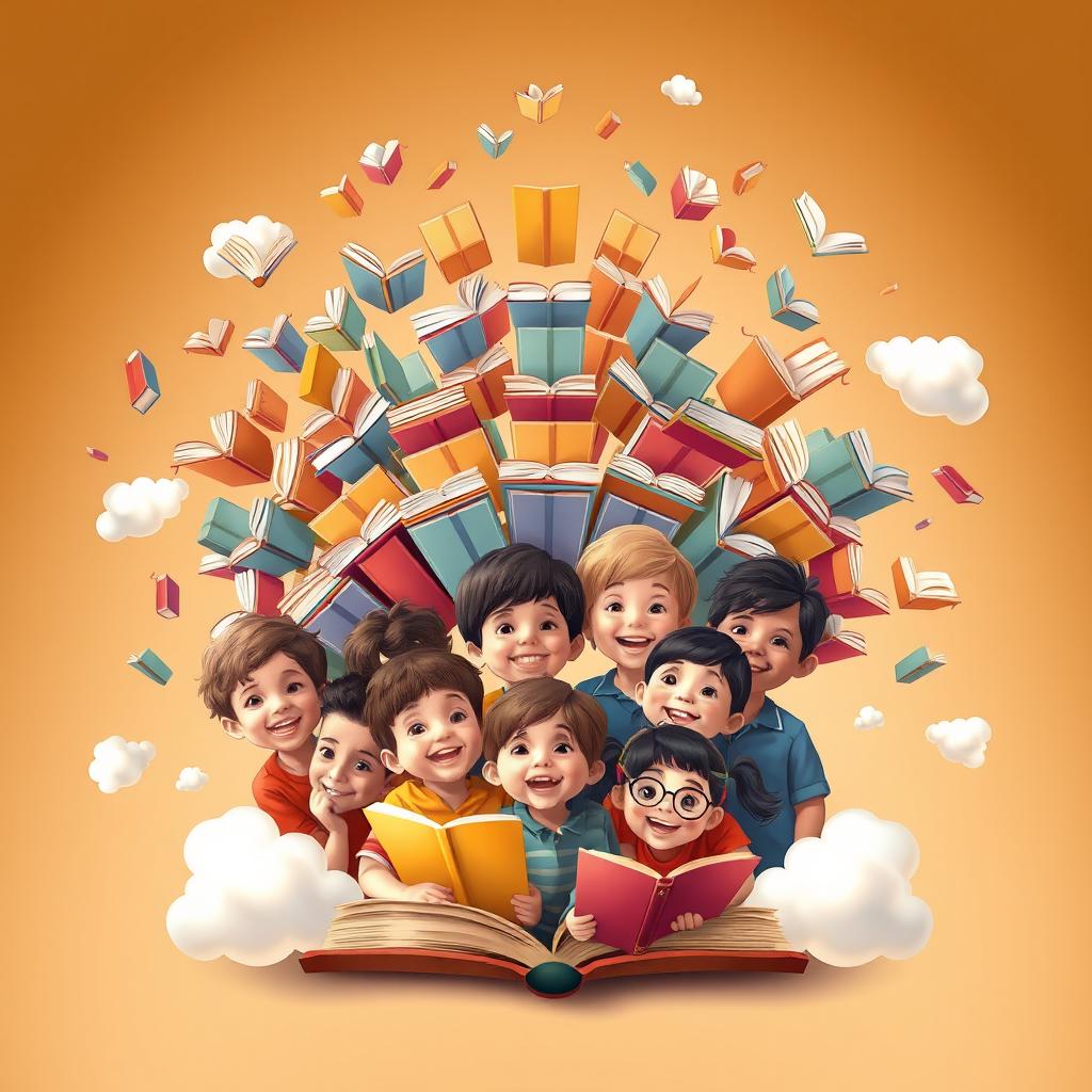 A whimsical book cover design featuring a diverse group of children joyfully gathered at the center, smiling and engaging with one another