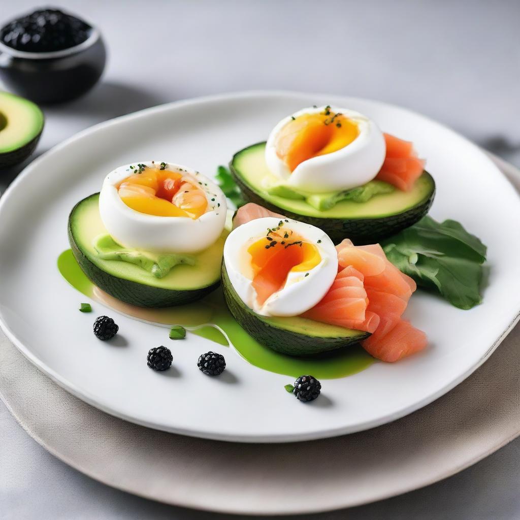 Two poached eggs nestled on a bed of ripe, sliced avocado, accompanied by smoked salmon and topped with luxurious caviar. The dish is presented on a white porcelain plate.