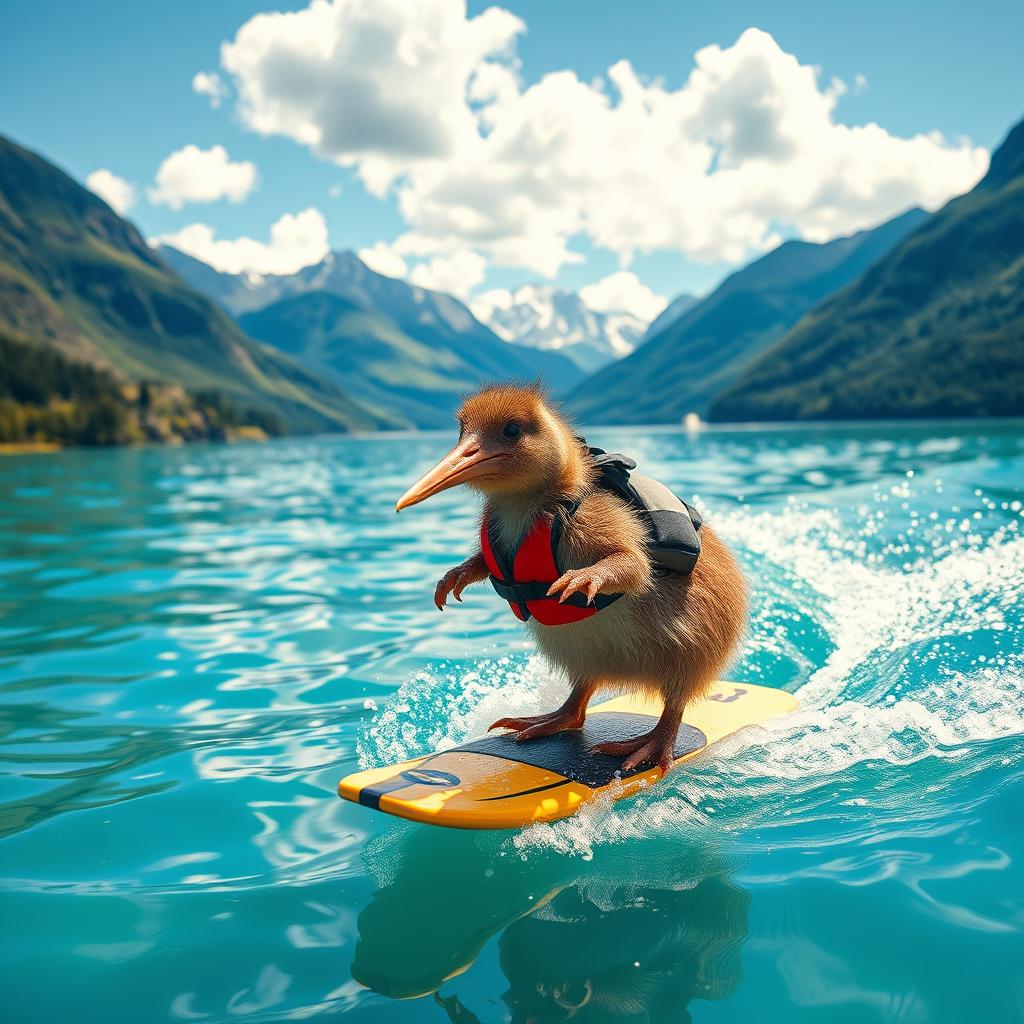 A kiwi bird wakeboarding energetically on the crystal-clear waters of Lake Queenstown, New Zealand