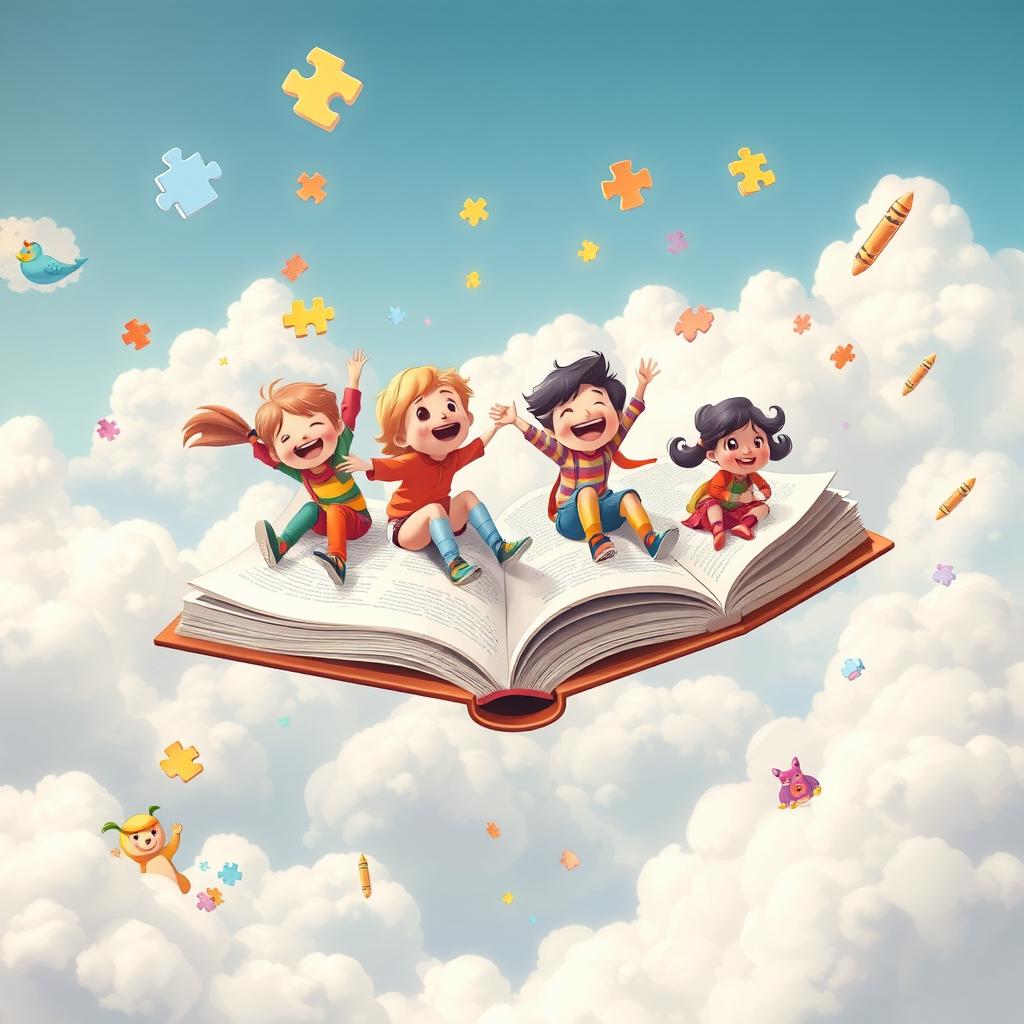 A whimsical scene featuring a group of cheerful children joyfully riding on a large, open flying book that soars through a sky filled with fluffy white clouds