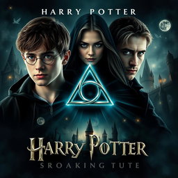 A captivating movie poster that embodies a Harry Potter theme, featuring the Triquetra symbol at the center, radiating with mystical lighting