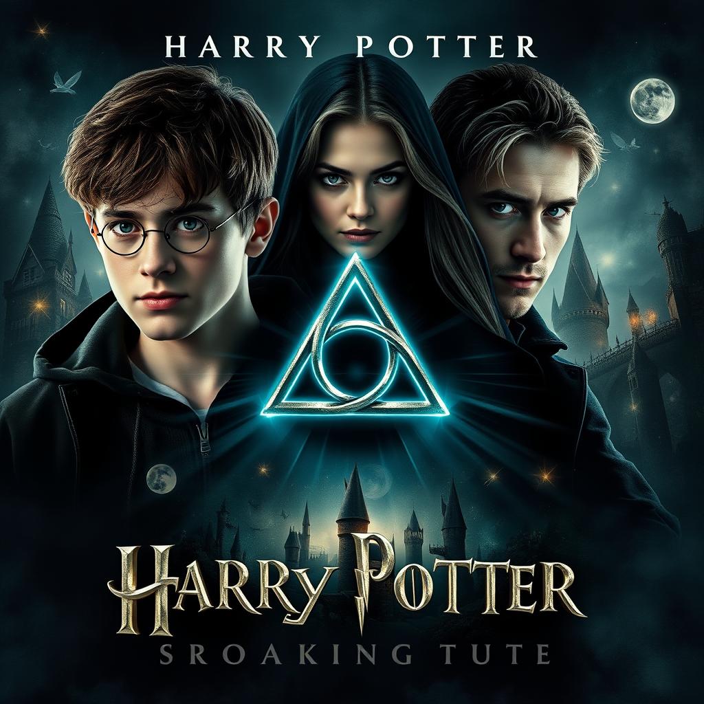 A captivating movie poster that embodies a Harry Potter theme, featuring the Triquetra symbol at the center, radiating with mystical lighting
