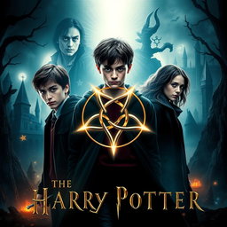 A captivating movie poster that embodies a Harry Potter theme, featuring the Triquetra symbol at the center, radiating with mystical lighting