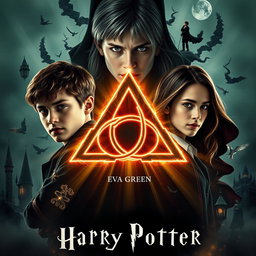 A captivating movie poster that embodies a Harry Potter theme, featuring the Triquetra symbol at the center, radiating with mystical lighting