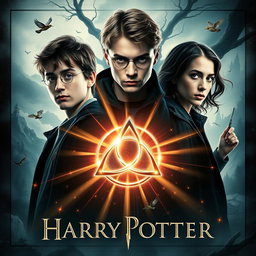 A captivating movie poster that embodies a Harry Potter theme, featuring the Triquetra symbol at the center, radiating with mystical lighting