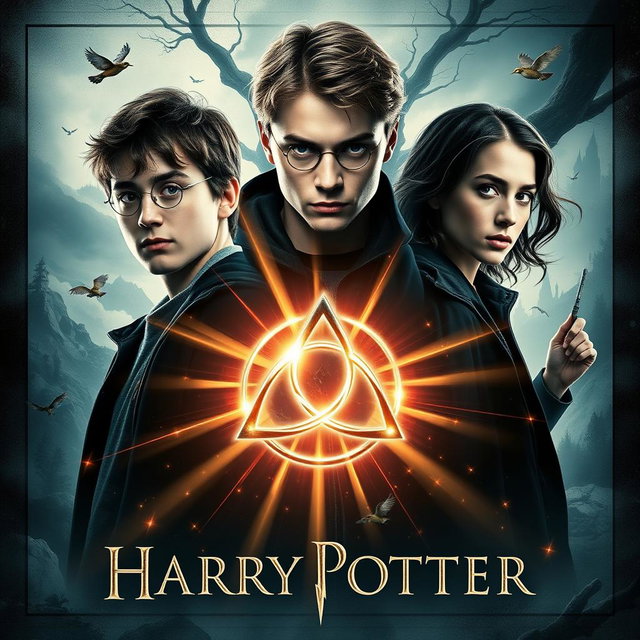 A captivating movie poster that embodies a Harry Potter theme, featuring the Triquetra symbol at the center, radiating with mystical lighting