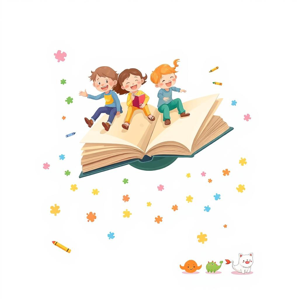 A whimsical scene depicting a group of joyful children riding atop a large, open flying book that soars gracefully through a mostly plain white background