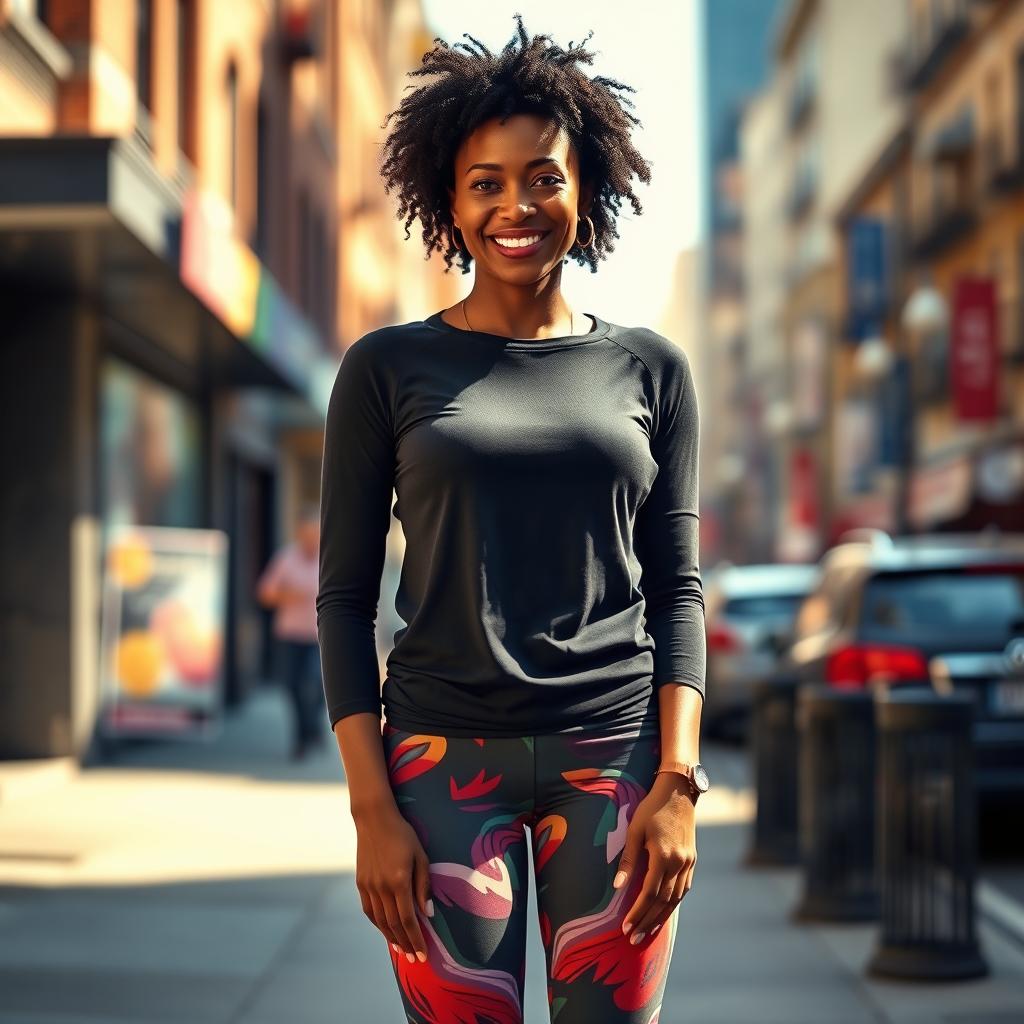 A confident black woman wearing stylish leggings, showcasing a blend of fashion and comfort