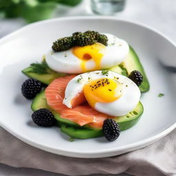 Two poached eggs nestled on a bed of ripe, sliced avocado, accompanied by smoked salmon and topped with luxurious caviar. The dish is presented on a white porcelain plate.