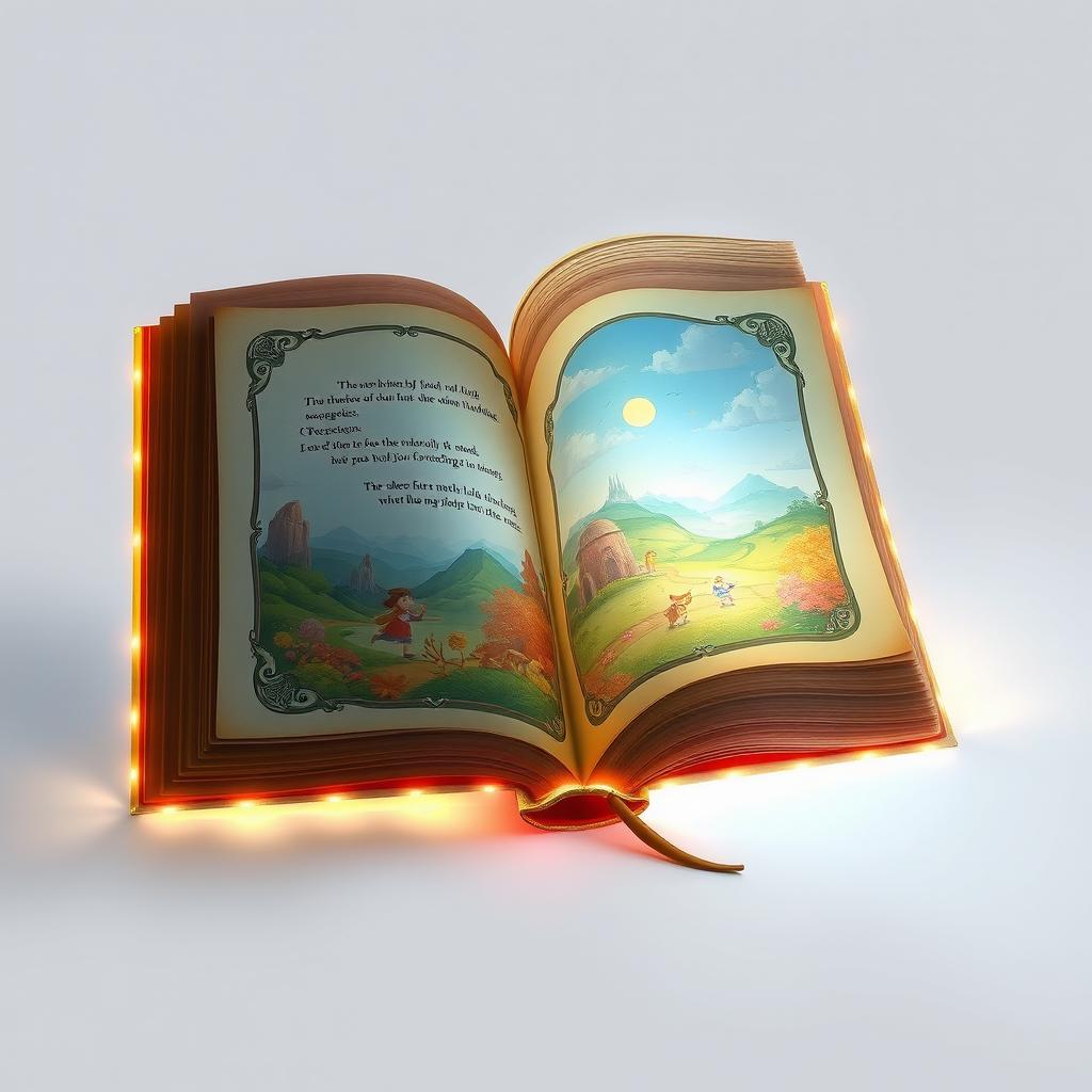 A captivating image of a large, magical open book that appears to emanate a soft, whimsical light from its pages