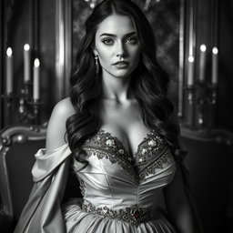 A Baltic Duchess embodying regal sophistication and youthful sensuality, portrayed in black and white