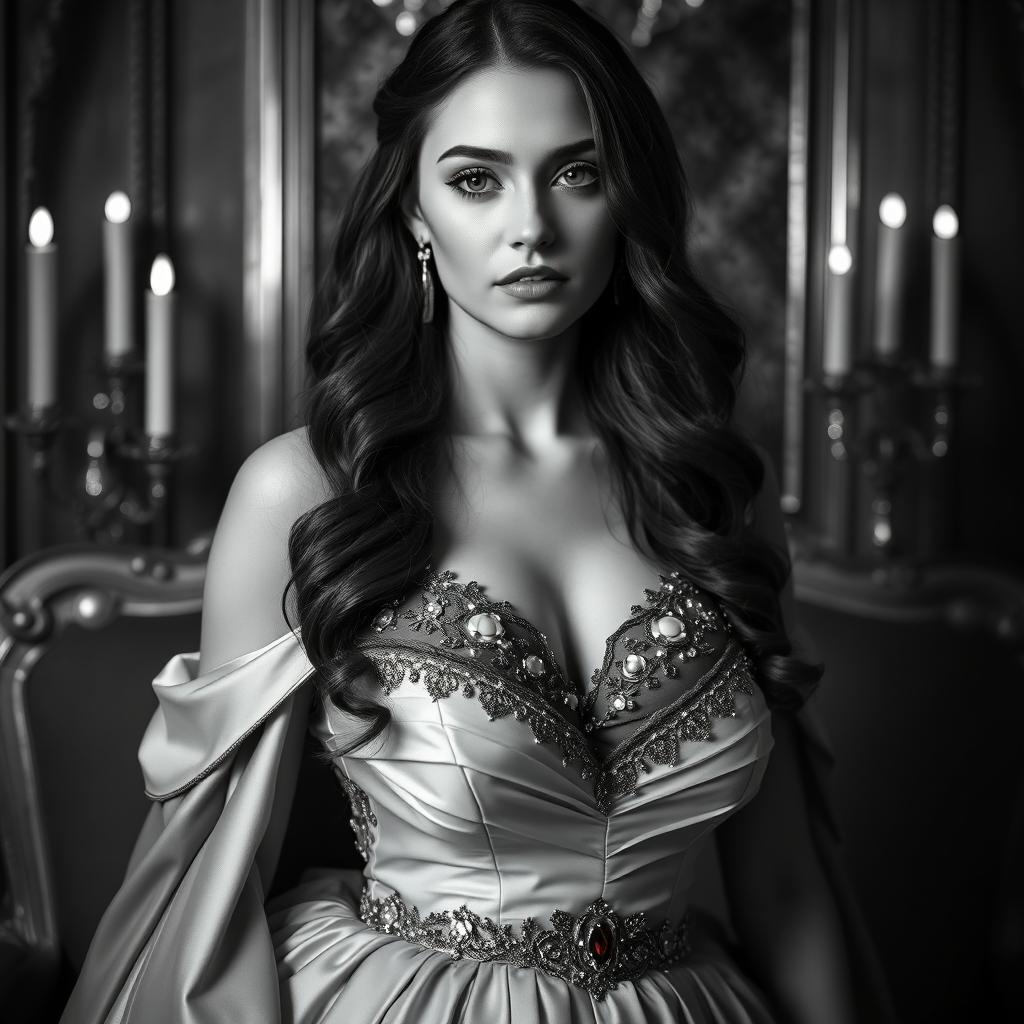A Baltic Duchess embodying regal sophistication and youthful sensuality, portrayed in black and white
