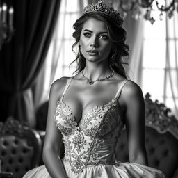 A Baltic Duchess embodying regal sophistication and youthful sensuality, portrayed in black and white