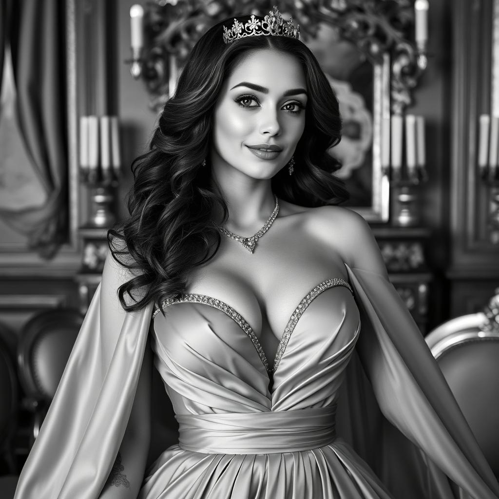 A Baltic Duchess radiating royal sophistication and youthful charm, portrayed in stunning black and white photography