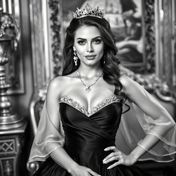 A Baltic Duchess radiating royal sophistication and youthful charm, portrayed in stunning black and white photography