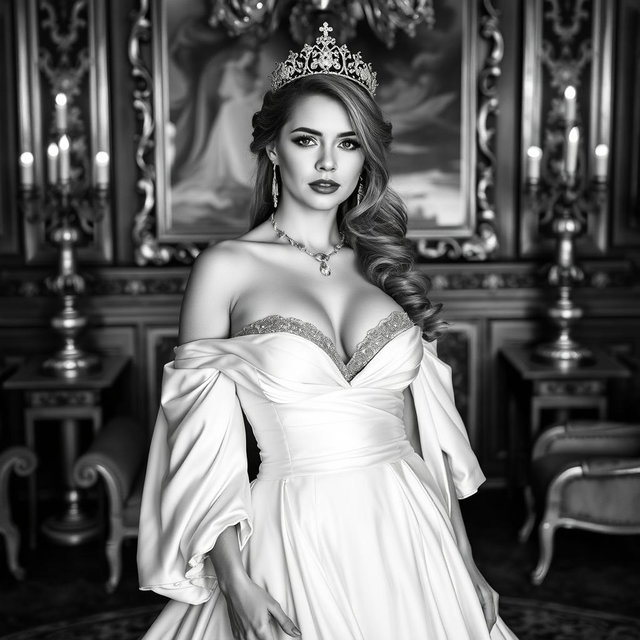 A Baltic Duchess radiating royal sophistication and youthful charm, portrayed in stunning black and white photography