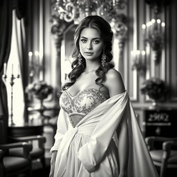 A Baltic Duchess radiating royal sophistication and youthful charm, portrayed in stunning black and white photography