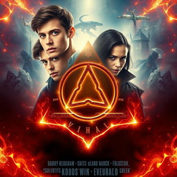 A cinematic movie poster featuring a central Triquetra symbol surrounded by mystical lighting