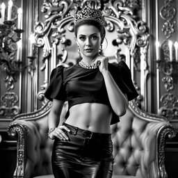 A Baltic Duchess exuding royal elegance and youthful seduction, depicted in striking black and white