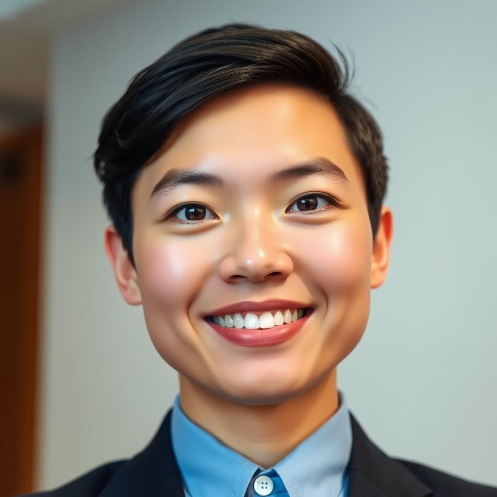 A professional ID card photo featuring a person with their lips closed, showcasing a subtle smile that allows for a glimpse of their teeth