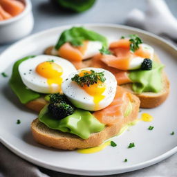 Two poached eggs, resting on a bed of ripe, sliced avocado and smoked salmon, all presented atop a slice of fresh bread. The dish is garnished top with luxurious caviar and served on a white porcelain plate.