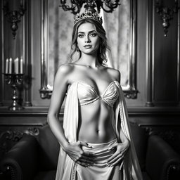 A Baltic Duchess embodying regal elegance and youthful allure, depicted in striking black and white
