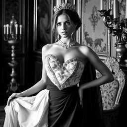 A Baltic Duchess embodying regal elegance and youthful allure, depicted in striking black and white
