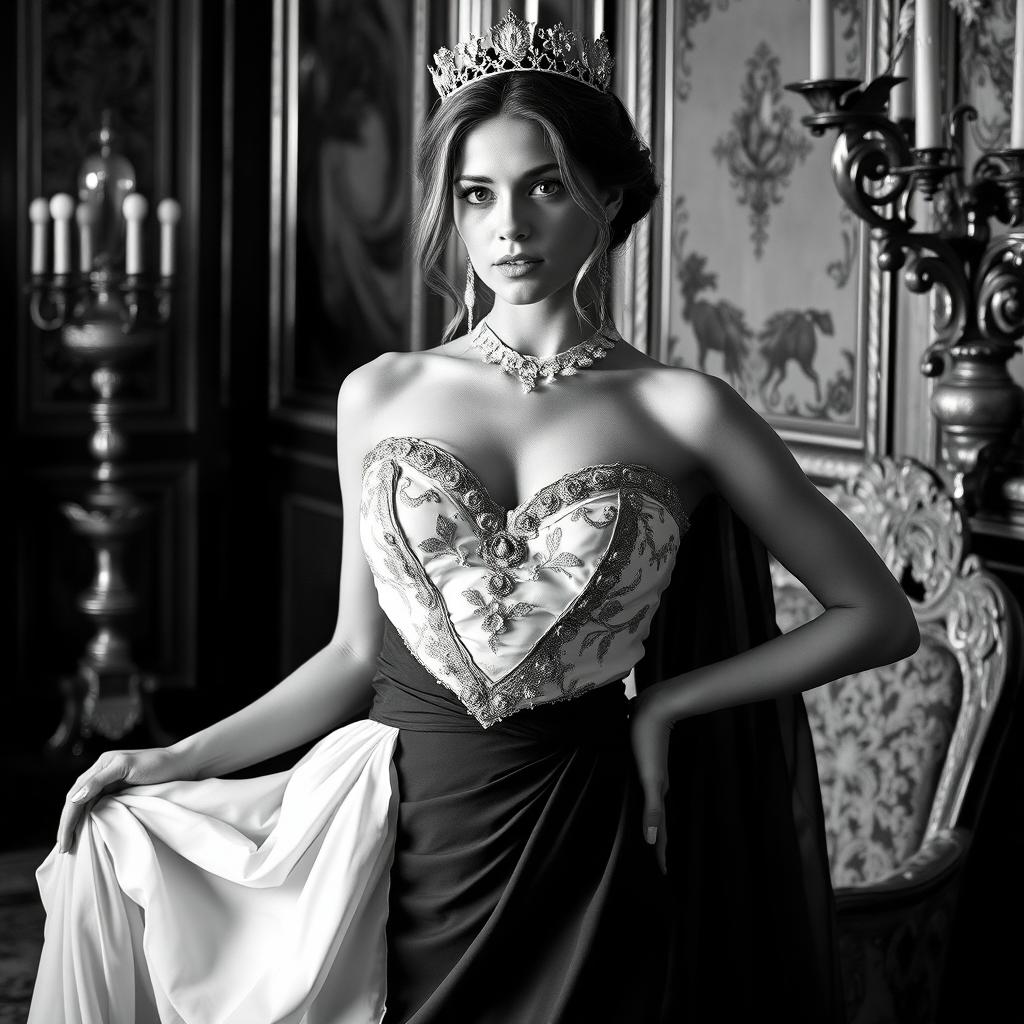 A Baltic Duchess embodying regal elegance and youthful allure, depicted in striking black and white