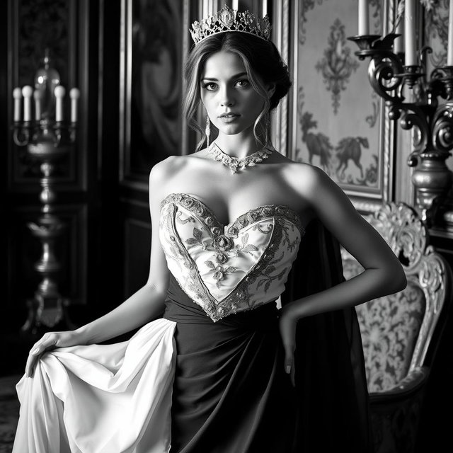 A Baltic Duchess embodying regal elegance and youthful allure, depicted in striking black and white