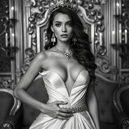 A Baltic Duchess embodying regal elegance and youthful allure, depicted in striking black and white