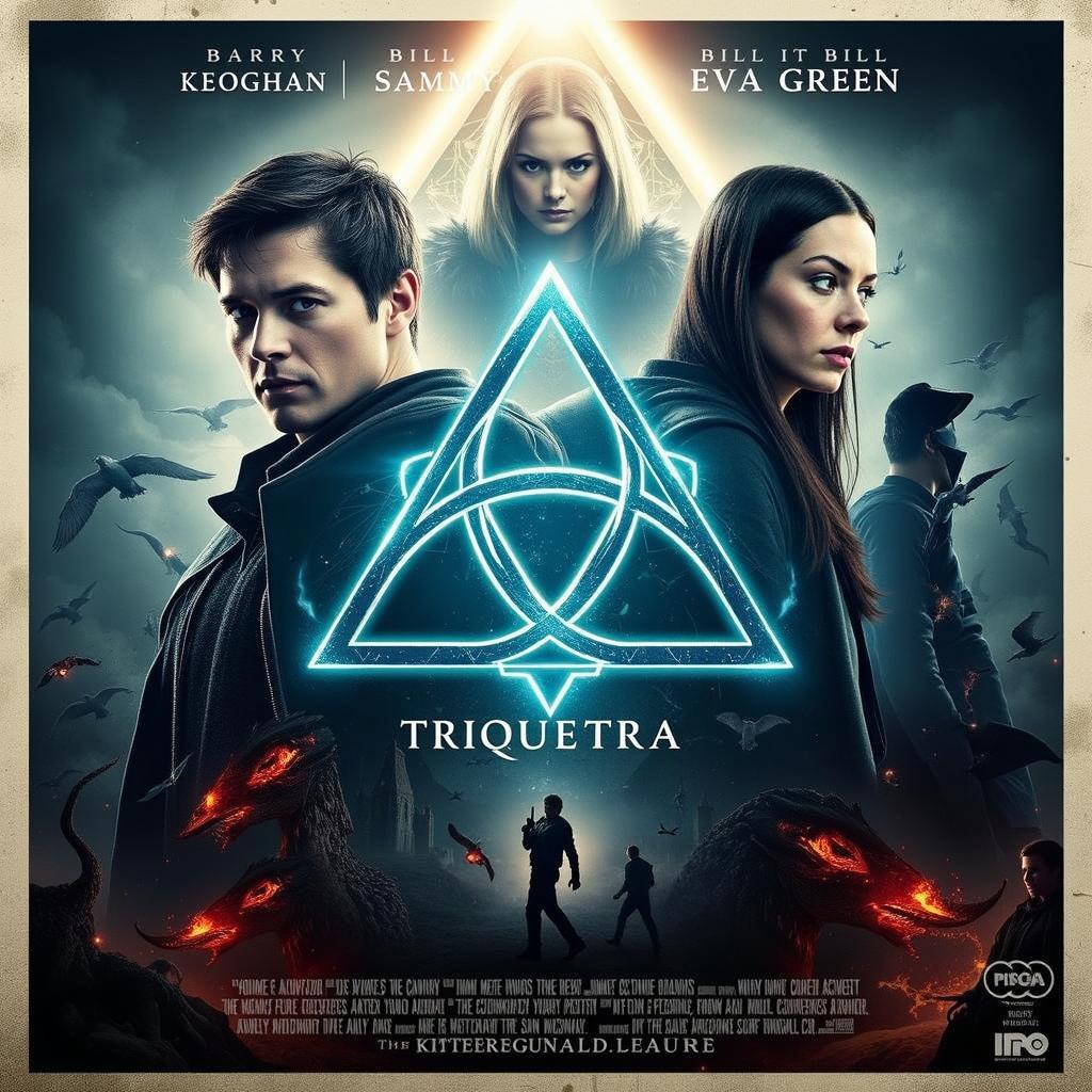A humorous and visually striking movie poster featuring the Triquetra symbol at the center, illuminated with mystical lighting that adds an enchanting glow