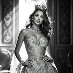A Baltic Duchess radiating royal elegance and sensuality, portrayed in striking black and white