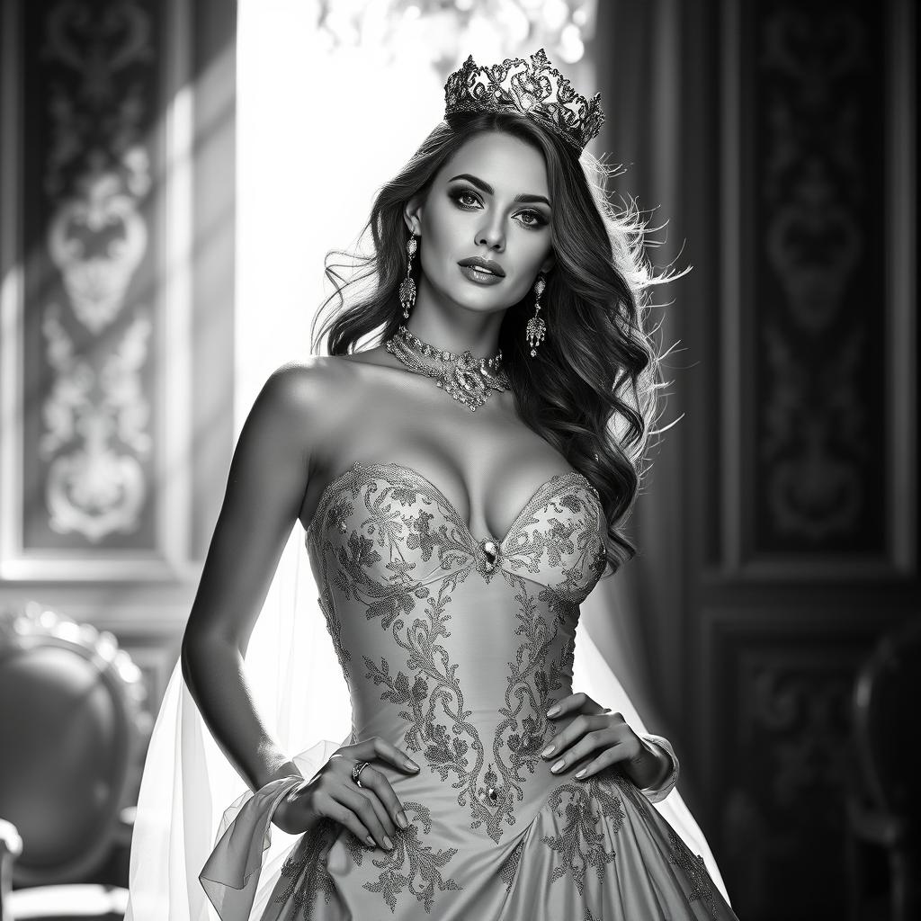 A Baltic Duchess radiating royal elegance and sensuality, portrayed in striking black and white