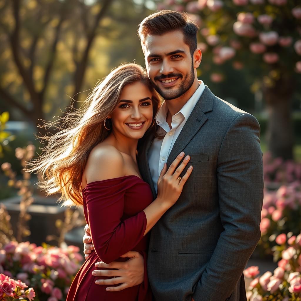 A captivating scene featuring a handsome man and a beautiful woman in an intimate and charming setting