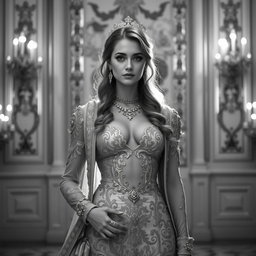 A Baltic Duchess radiating royal sophistication and youthful charm, depicted in a stunning black and white image