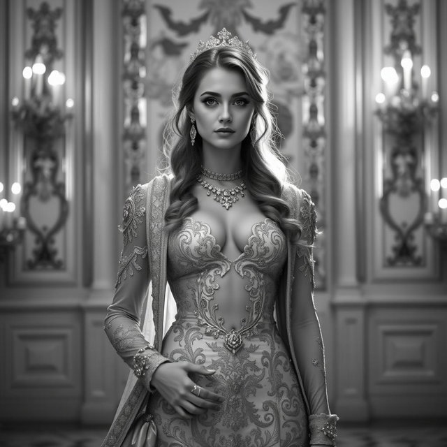 A Baltic Duchess radiating royal sophistication and youthful charm, depicted in a stunning black and white image