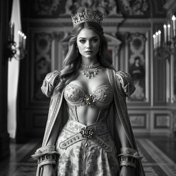 A Baltic Duchess radiating royal sophistication and youthful charm, depicted in a stunning black and white image