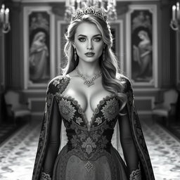 A Baltic Duchess radiating royal sophistication and youthful charm, depicted in a stunning black and white image