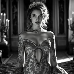 A Baltic Duchess radiating royal sophistication and youthful charm, depicted in a stunning black and white image