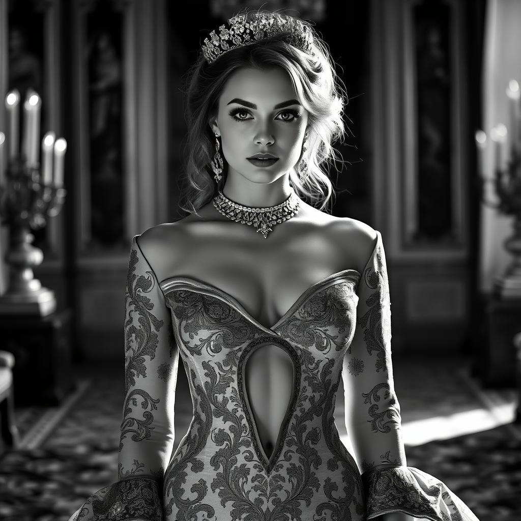 A Baltic Duchess radiating royal sophistication and youthful charm, depicted in a stunning black and white image