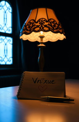 A dark room with a fancy window creating a warm blue atmosphere
