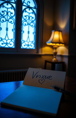 A dark room with a fancy window creating a warm blue atmosphere