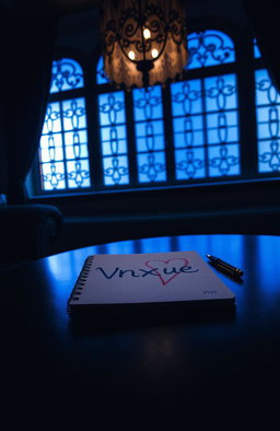 A dark room with a fancy window creating a warm blue atmosphere