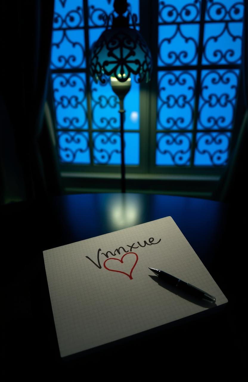 A dark room with a fancy window creating a warm blue atmosphere