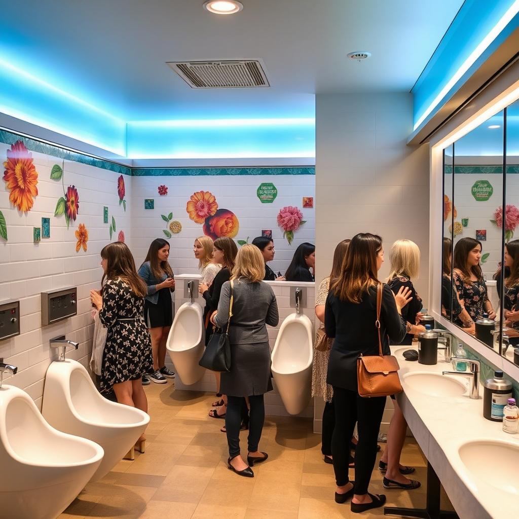 A modern women's restroom featuring several straddle-type women's urinals, designed with sleek and hygienic materials